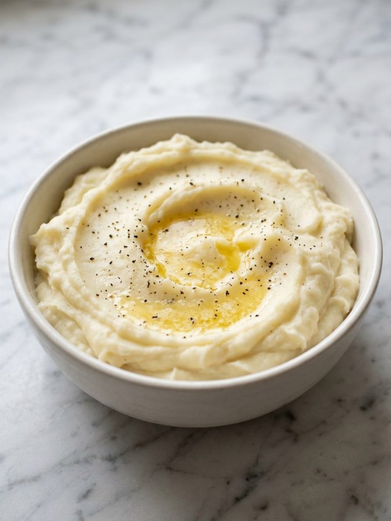 Close view of fluffy mashed potatoes with melted butter and black pepper