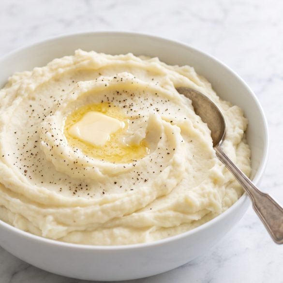 A white bowl of smooth, fluffy mashed potatoes with a pat of melting butter
