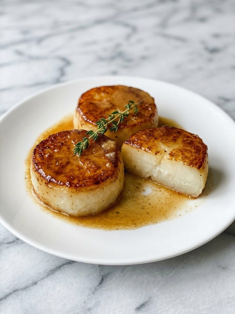 Three golden melting potato rounds with butter sauce and thyme on a white plate