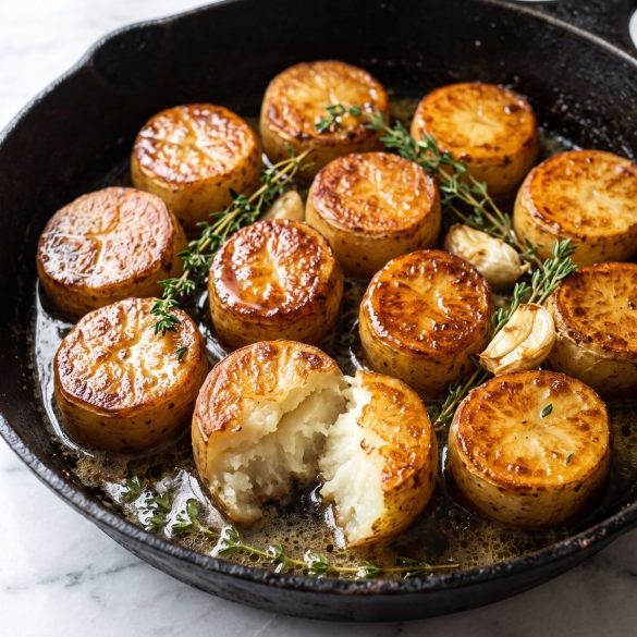 Thick golden potato rounds in a cast-iron skillet with butter sauce, garlic and thyme