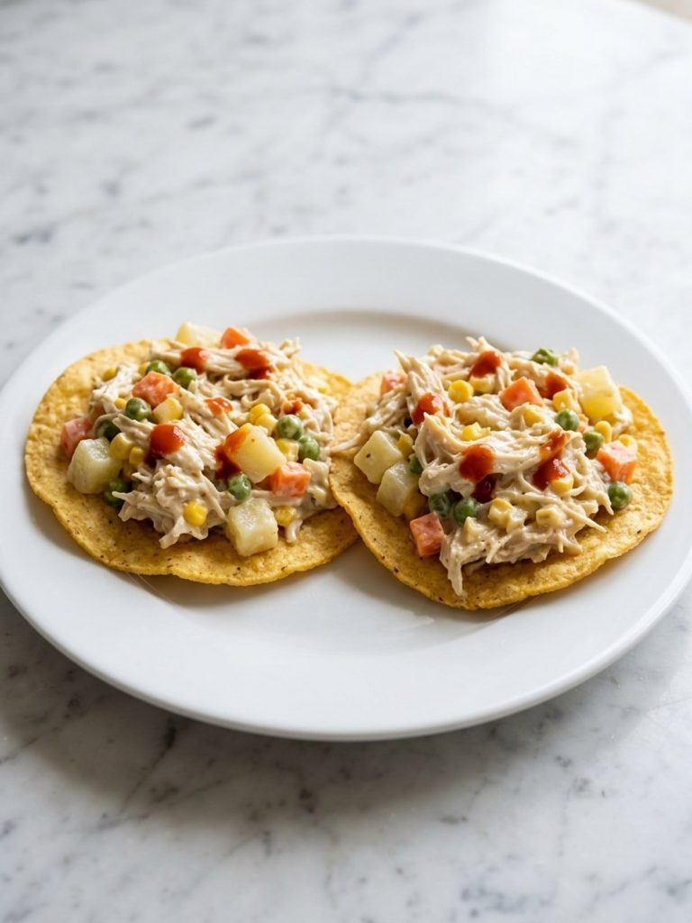 Two tostadas topped with creamy chicken salad with potatoes, peas, carrots and corn on a white plate