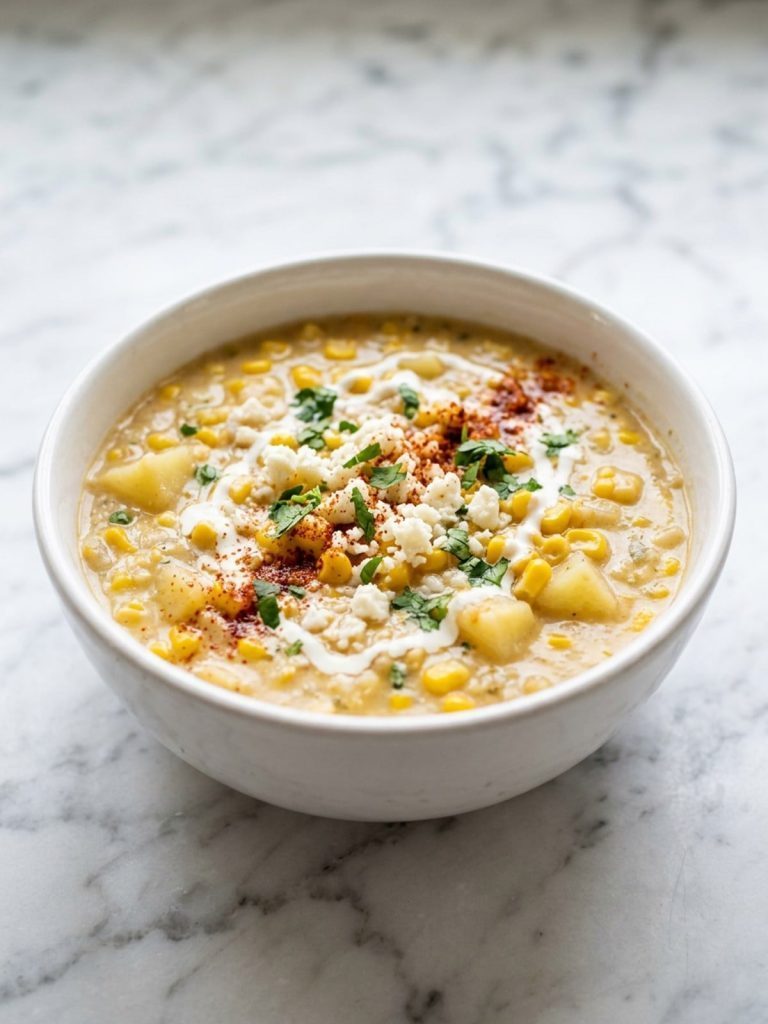 A full bowl of corn soup with cotija, cilantro and chile powder