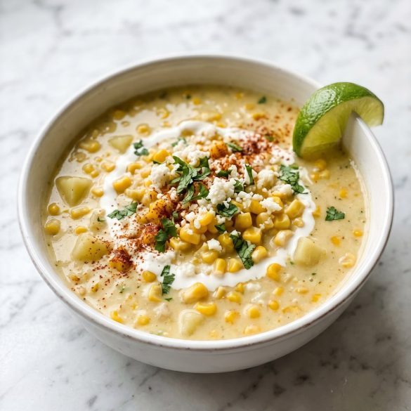 Creamy Mexican street corn soup topped with cotija, crema, chile powder and cilantro in a white bowl