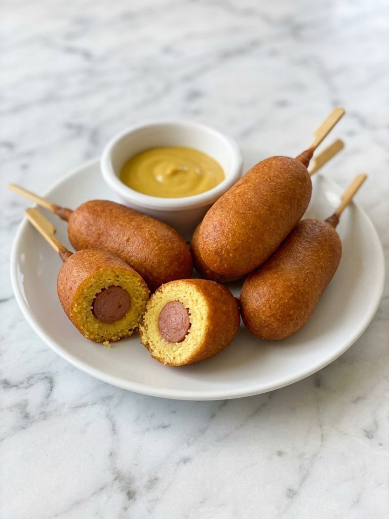 Close view of mini corn dogs with a crisp golden batter, one cut to show the hot dog inside
