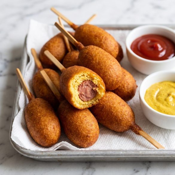 A tray of golden mini corn dogs on small wooden skewers with ketchup and mustard