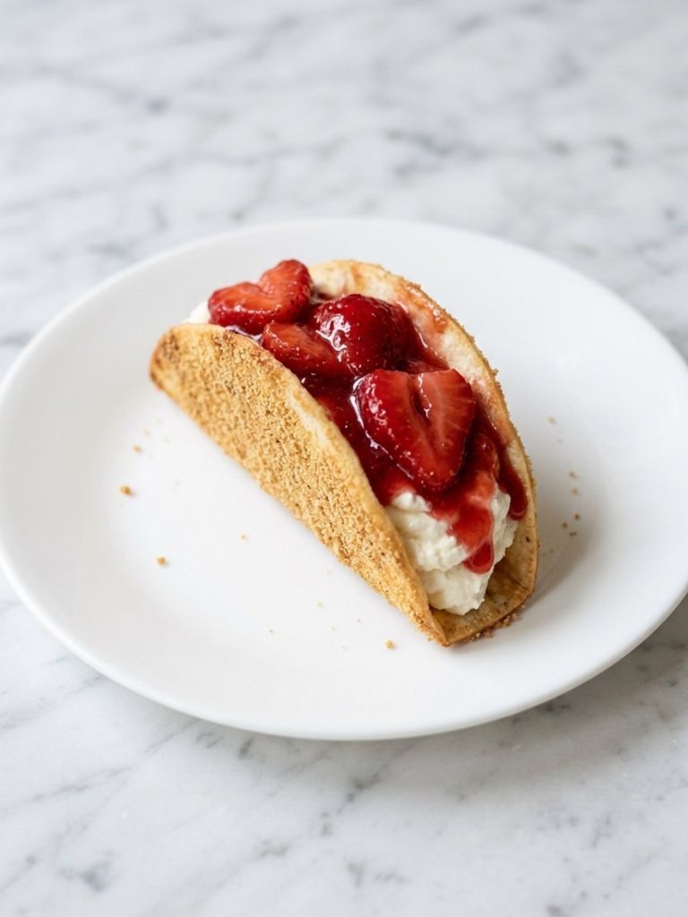 Close view of a crisp graham-coated taco shell with cheesecake filling and strawberry sauce