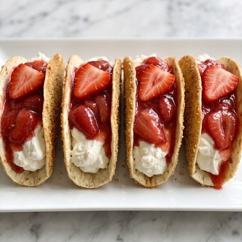 Small graham-coated taco shells filled with cheesecake filling and strawberry topping