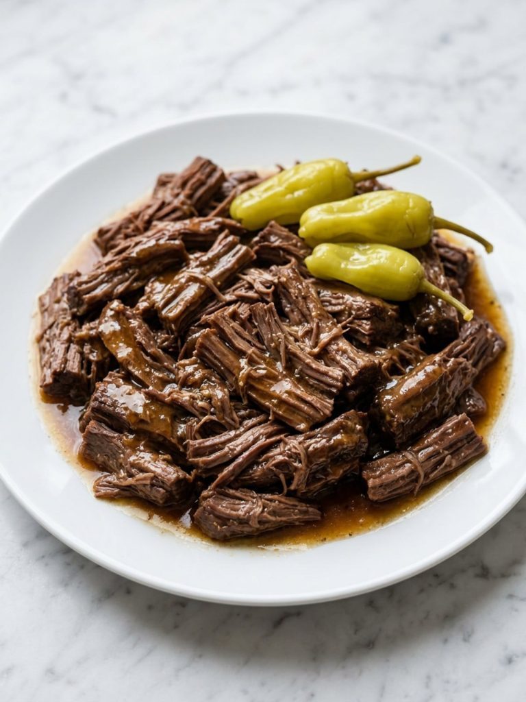 A plate of tender shredded pot roast with gravy and pepperoncini peppers