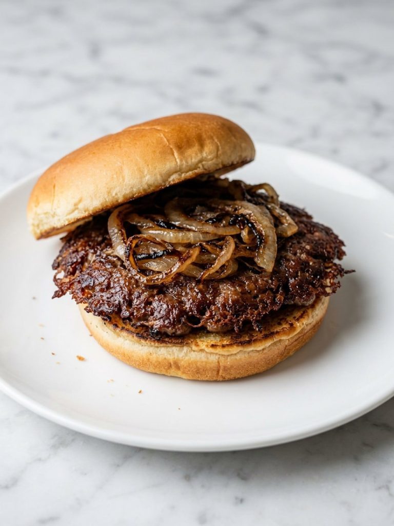 Close view of a thin smash burger patty covered in browned fried onions on a bun