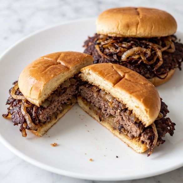 An Oklahoma fried onion burger with a thin browned patty and a tangle of fried onions on a toasted bun