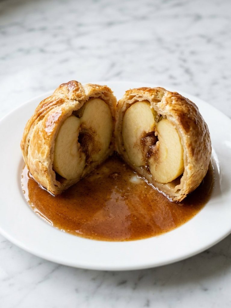 A whole apple dumpling cut in half to show the tender apple inside golden pastry