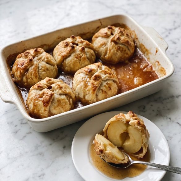 Six whole apple dumplings wrapped in golden pie pastry in a baking dish with brown sugar sauce