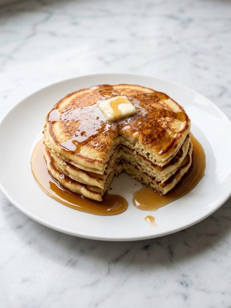 A plate of golden pancakes with melting butter and syrup