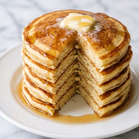 A tall stack of golden old fashioned pancakes with butter and maple syrup, a wedge cut out