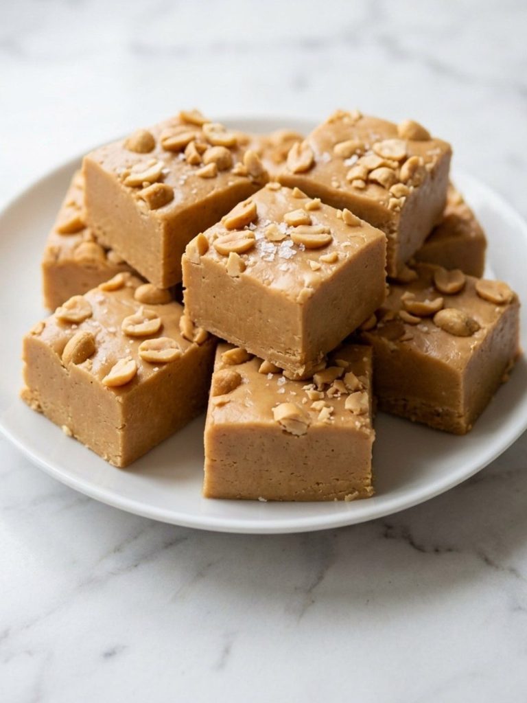 Close view of peanut butter fudge squares topped with chopped peanuts and flaky sea salt