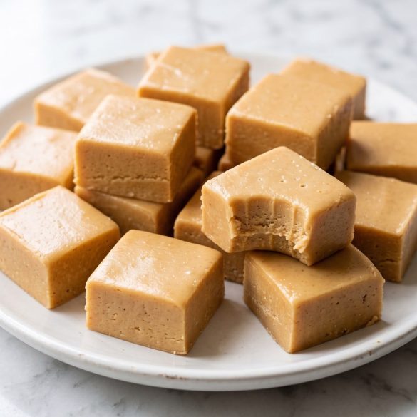 Squares of smooth, glossy peanut butter fudge stacked on a white plate, one with a bite showing the creamy inside