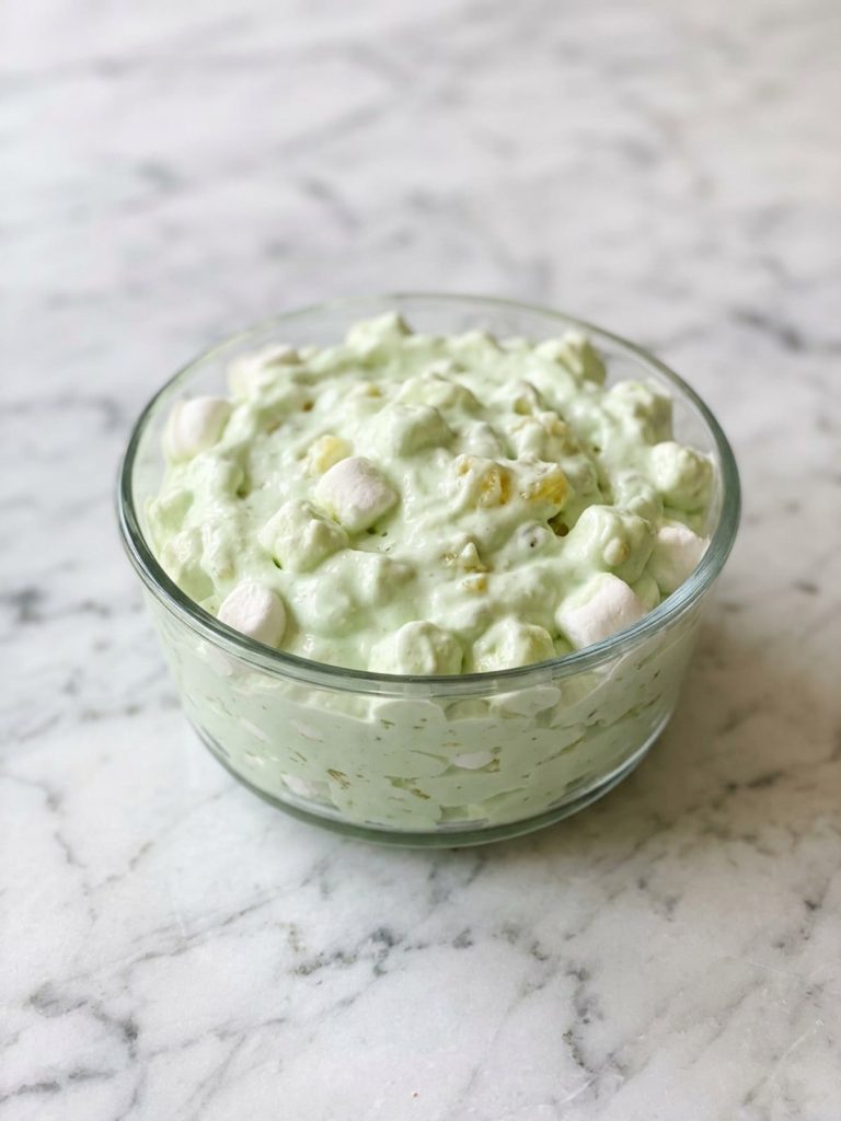 A serving of fluffy green pistachio pudding salad with mini marshmallows in a small glass dish