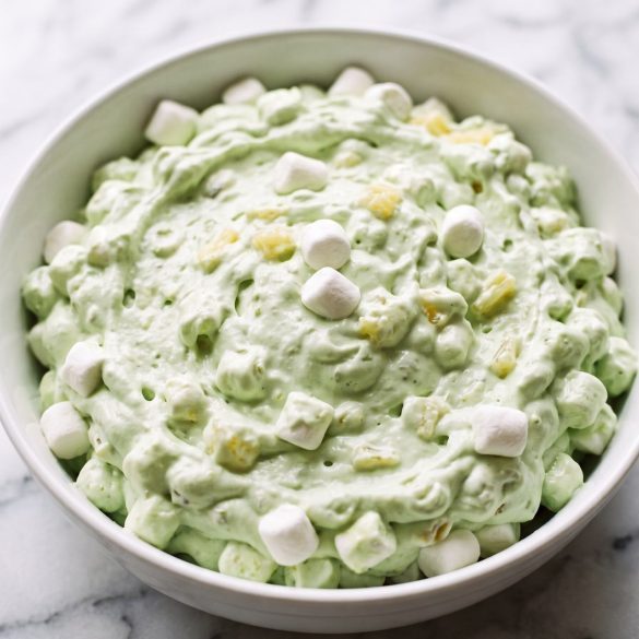 A bowl of fluffy pale green pistachio salad with mini marshmallows and crushed pineapple