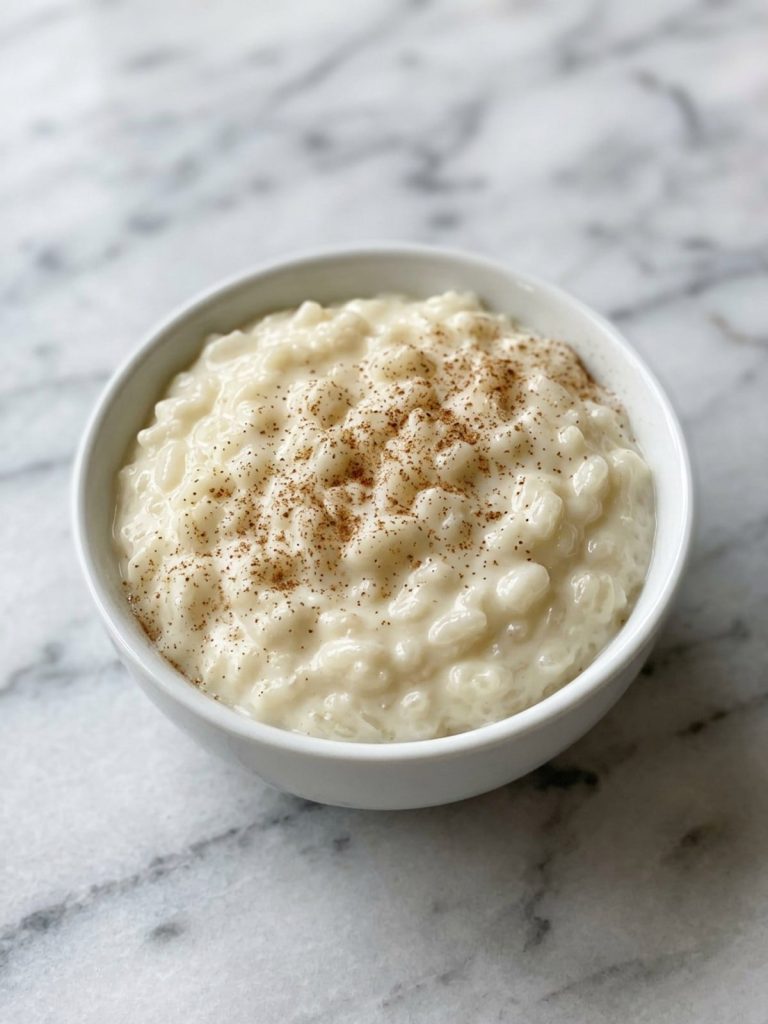 Close view of thick, creamy rice pudding with a dusting of cinnamon in a white bowl