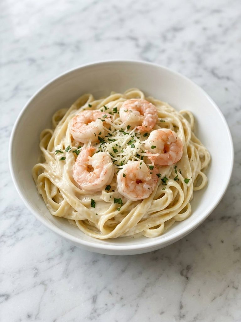 A white bowl of fettuccine in creamy Alfredo sauce topped with cooked shrimp and parsley