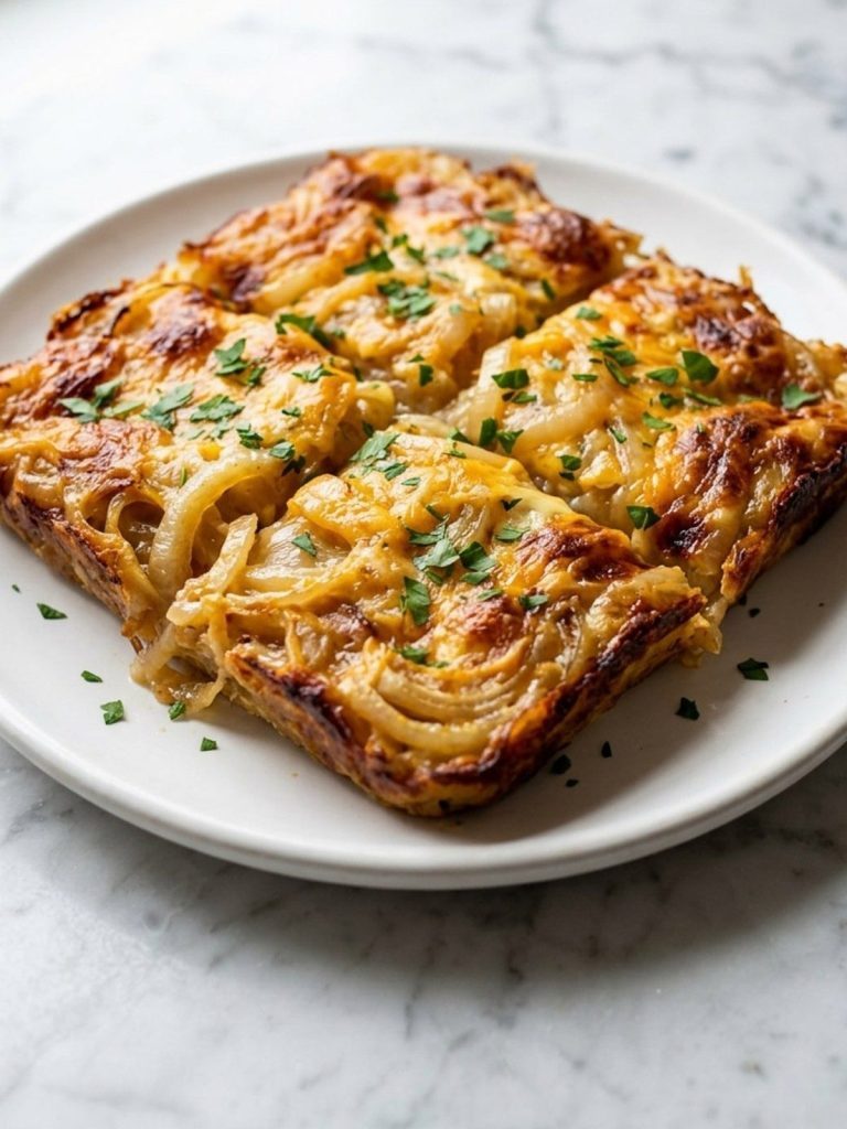 A serving of cheesy layered onion casserole on a white plate