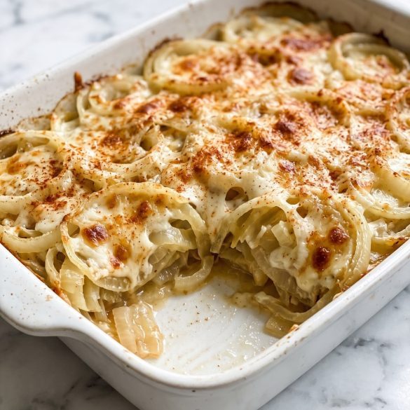 Baked sweet onion casserole with melted, browned cheese in a 9x13 dish, a scoop taken out