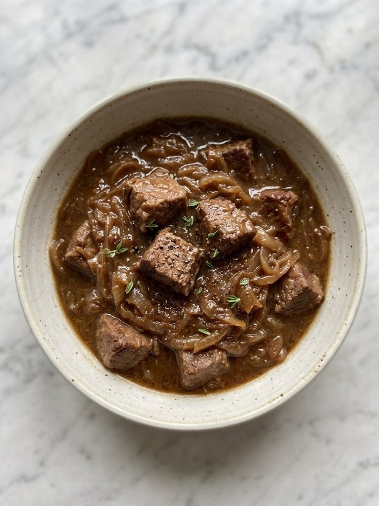 A Dutch oven of beef stew with deeply browned onions in dark broth