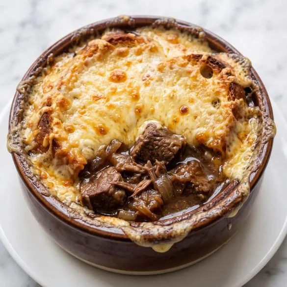 A crock of French onion beef stew topped with toasted sourdough and blistered melted Gruyère