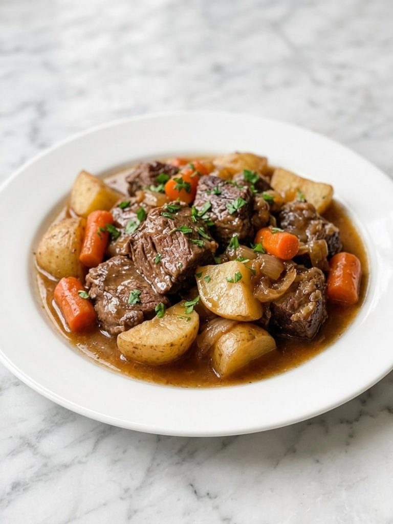 A full plate of tender pot roast with potatoes, carrots and pan juices
