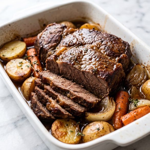 Sliced pot roast with potatoes, carrots and onions in a baking dish