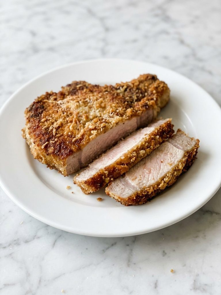 Close view of a sliced pork chop with a golden Parmesan crumb crust