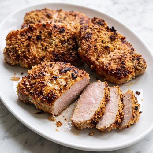 Golden Parmesan-crusted baked pork chops on a white platter, one sliced open