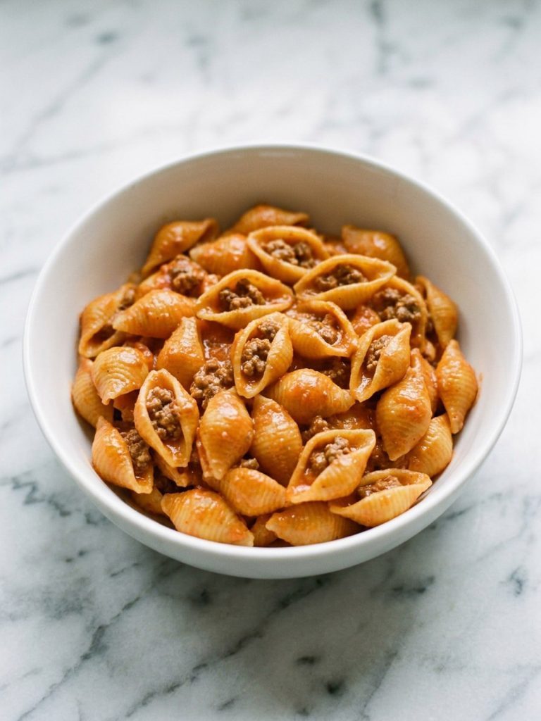 A full bowl of pasta shells with ground beef in creamy tomato sauce