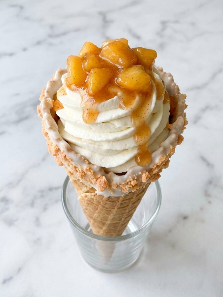 Close view of a sugar cone with cheesecake filling, cinnamon peaches and a peach crumb rim