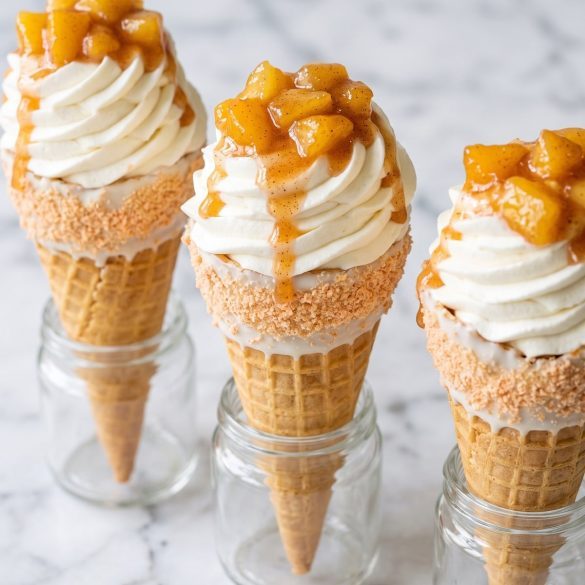 Sugar cones filled with cheesecake and topped with cinnamon peaches, with a crumb-coated rim