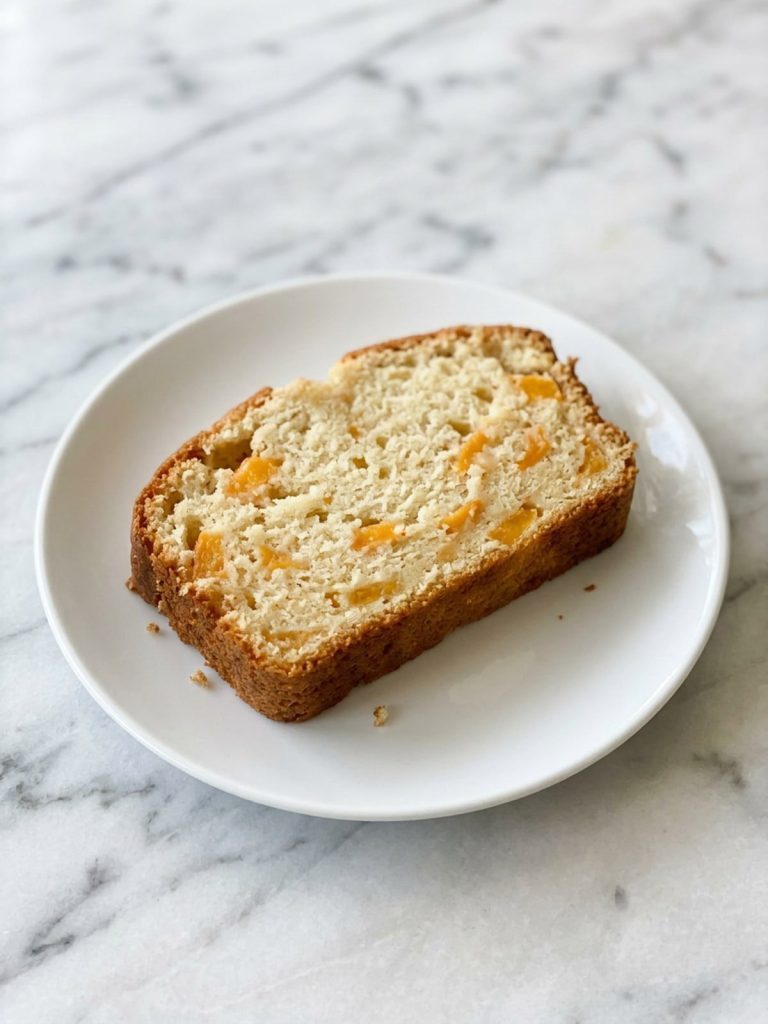 A thick slice of peach quick bread with orange peach pieces on a white plate