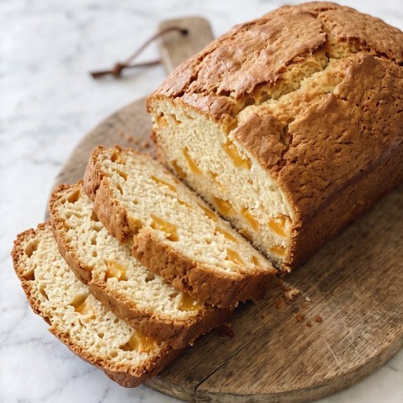 A golden peach quick bread loaf on a board with slices cut to show pieces of peach