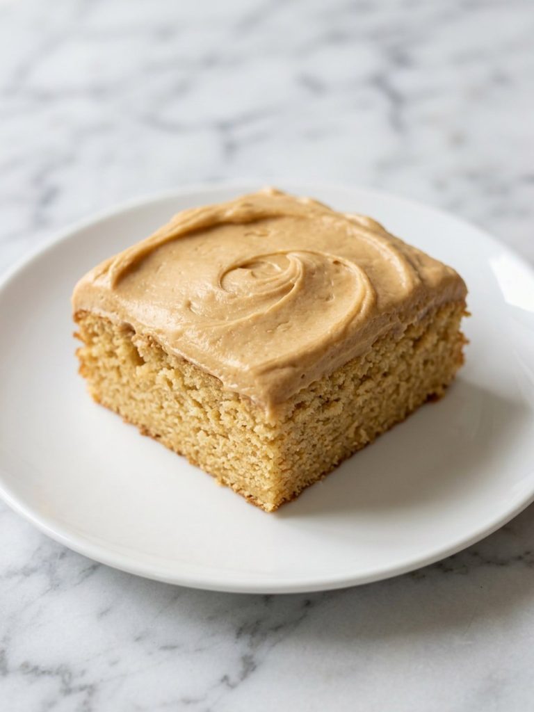 A square of moist peanut butter cake with thick peanut butter frosting on a white plate