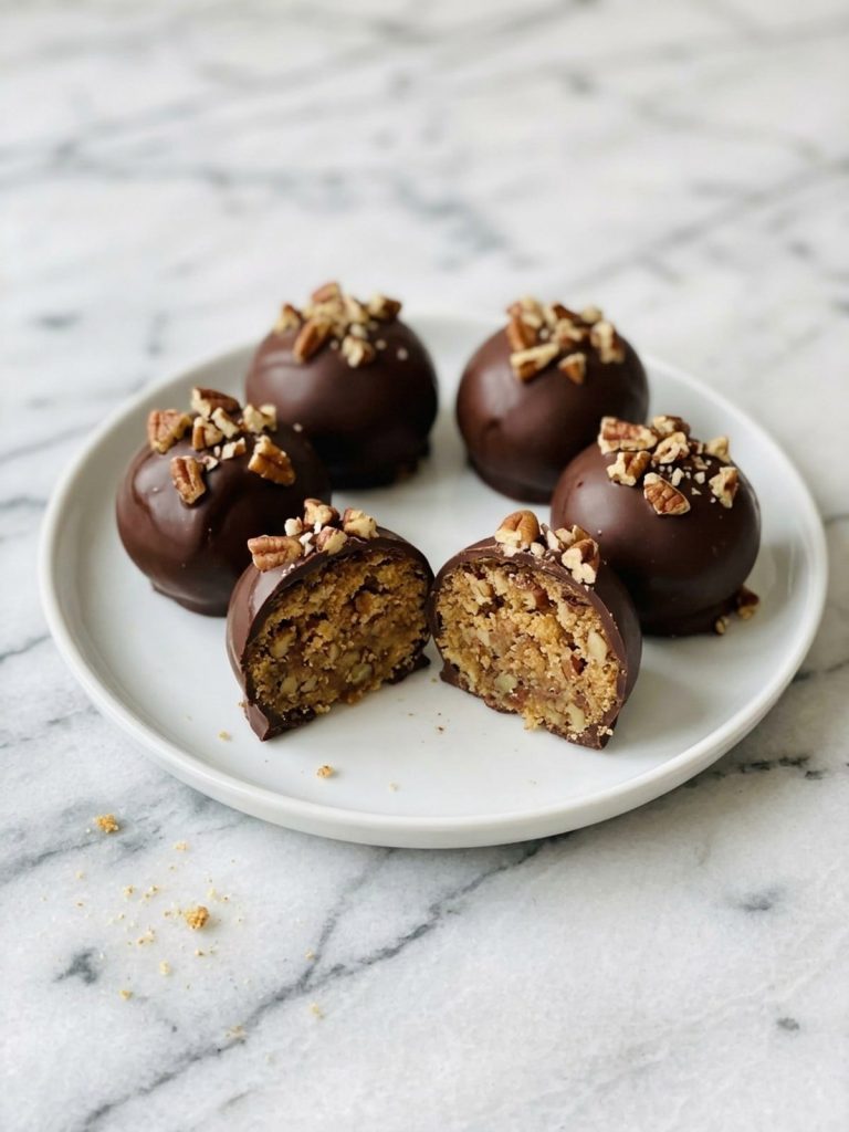 A chocolate-covered pecan pie ball cut in half to show the pecan and graham cracker filling