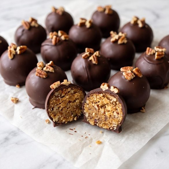 Chocolate-dipped pecan pie balls topped with pecan pieces, one cut open