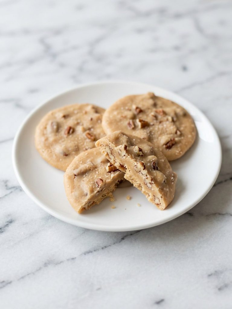 Close view of a creamy pecan praline broken in half