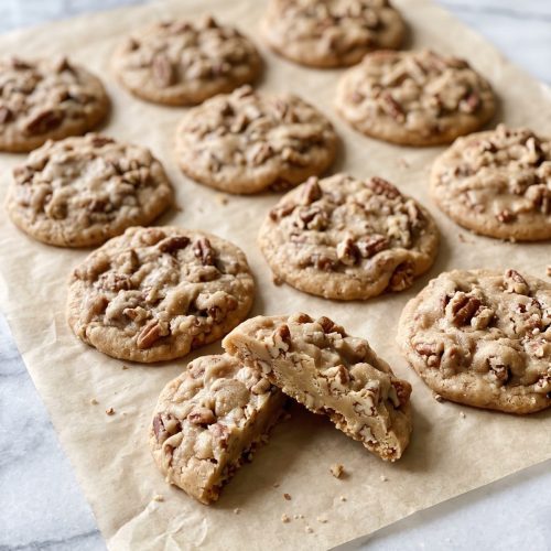 Flat, creamy brown sugar pecan praline candies on parchment paper