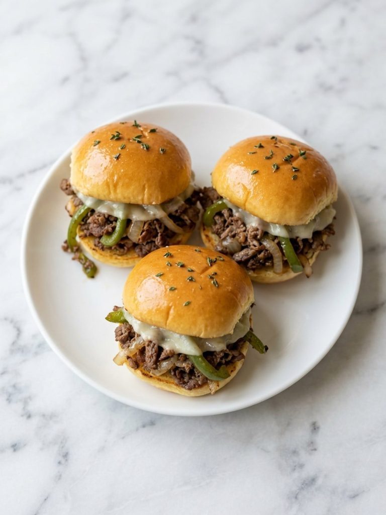 Close view of cheesesteak sliders showing shaved steak, peppers, onions and melted provolone
