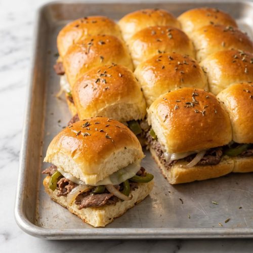 A tray of golden pull-apart Philly cheesesteak sliders with shaved steak, peppers, onions and provolone