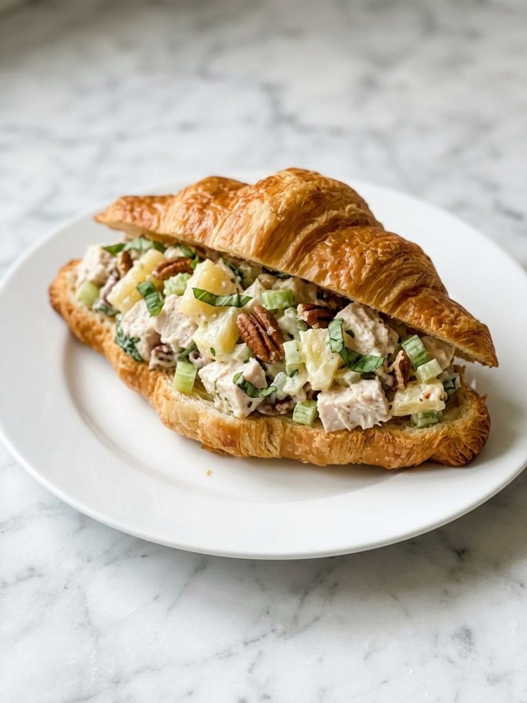 A croissant sandwich filled with pineapple chicken salad on a white plate
