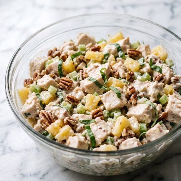 A bowl of creamy pineapple chicken salad with pecans, celery and basil