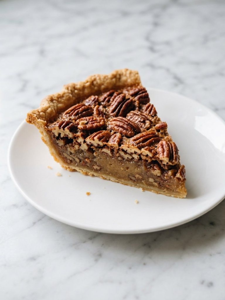 A slice of pecan pie with a soft amber filling and toasted pecans on a white plate