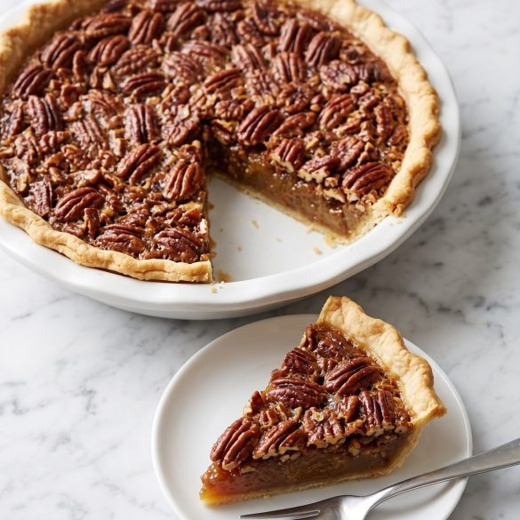A baked pecan pie with a glossy pecan top and one slice cut out