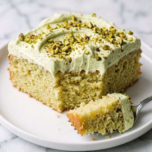 A square slice of pale green pistachio pineapple cake with fluffy green frosting on a white plate