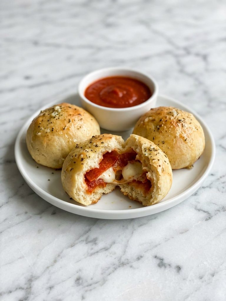 A pizza ball torn open to show pepperoni, sauce and melted mozzarella inside biscuit dough
